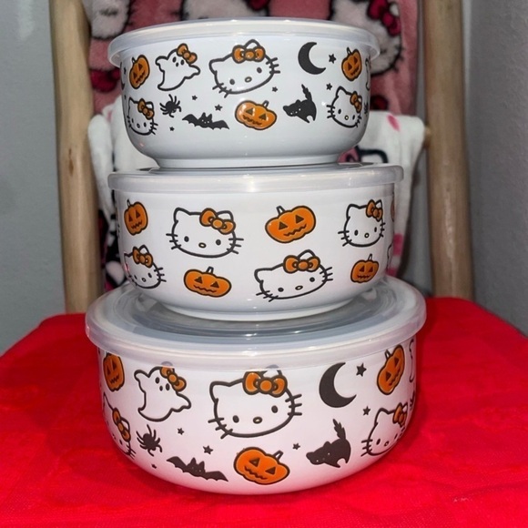 Hello Kitty Halloween Ceramic Food Storage Tupperware Set NEW Pumpkin White - Picture 1 of 1